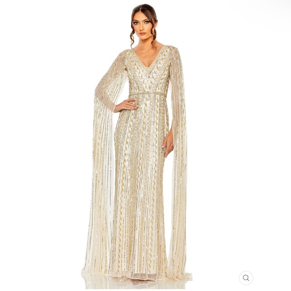 NWT Mac Duggal 5915 SEQUINED V-NECK GOWN Dress WITH CAPE SLEEVES Nude Silver 8 - Picture 2 of 15